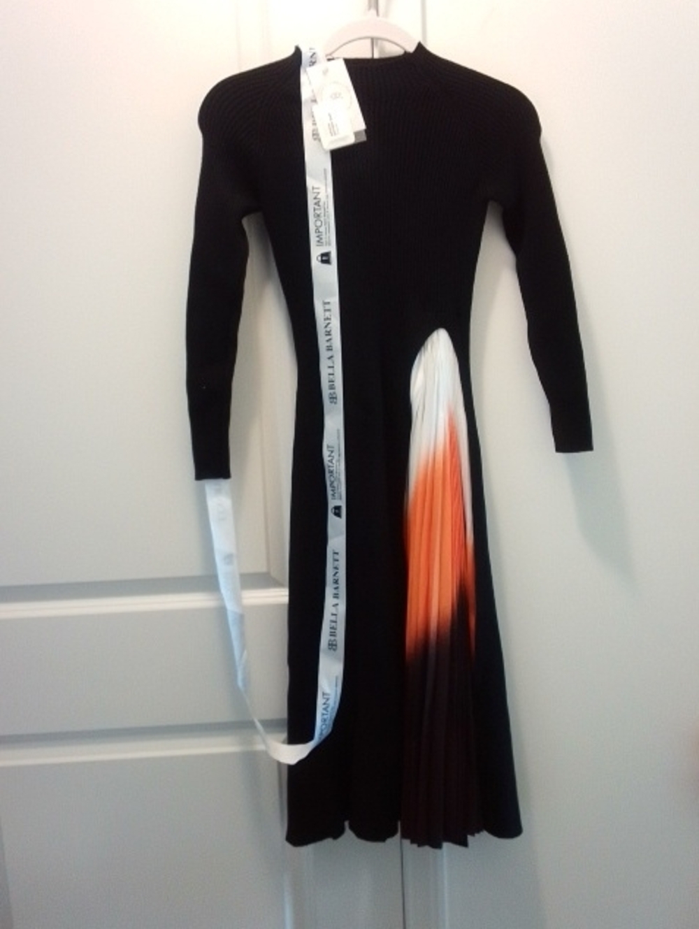 Black Long-Sleeve Knit Dress with Orange and White Pleated Accent